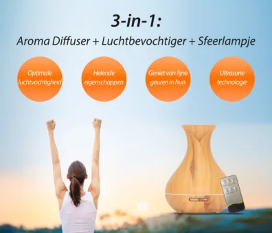 Vitality Pro ultrasone aroma diffuser in licht hout - grootste reservoir van Nederland