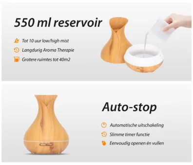Vitality Pro ultrasone aroma diffuser in licht hout - grootste reservoir van Nederland