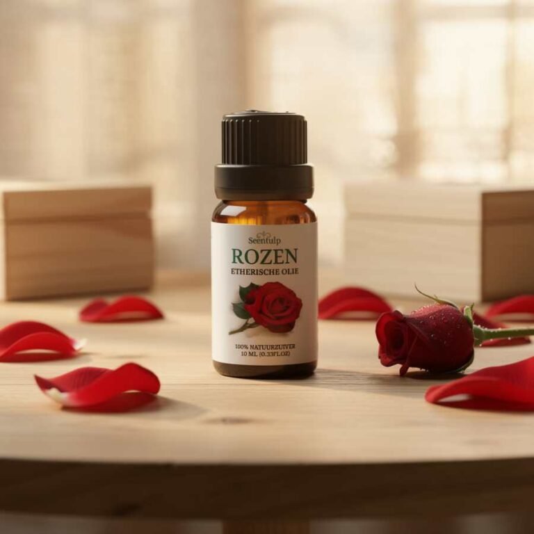 Flesje etherische rozenolie met rozenblaadjes