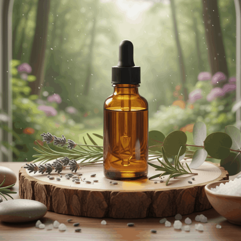 Biologische etherische oliën in glazen flesjes voor aromatherapie