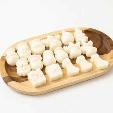 Kerstfiguren Waxmelts in de vorm van kerstbomen, cadeautjes en sneeuwpoppen op houten schaal – Scentulp