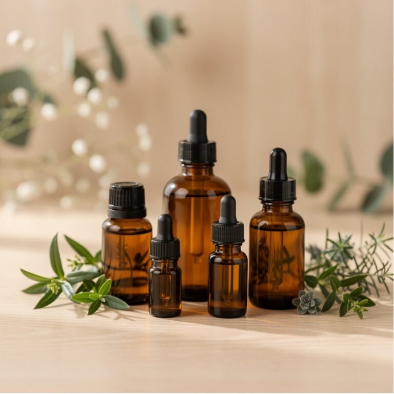 biologische etherische oliën flessen met druppelaars en planten