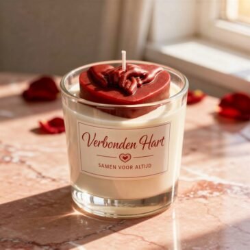 Luxe geurkaars valentijn cadeau Verbonden Hart met rood hart en handdetail in glazen pot