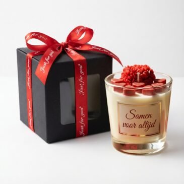 Luxe geurkaars valentijn Amour Rosé met rode rozen en hartjes in glazen pot