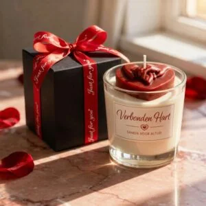 Luxe geurkaars valentijn cadeau Verbonden Hart met rood hart en handdetail in glazen pot
