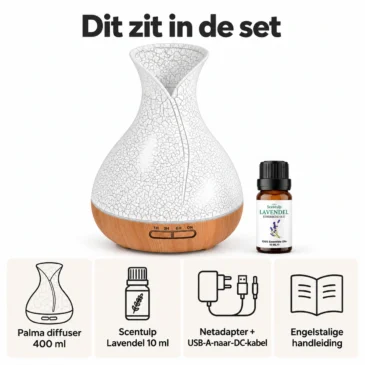 Palma diffuser โ inhoud van de set Palma set met aroma diffuser, Scentulp Lavendel 10 ml, adapter, kabel en handleiding