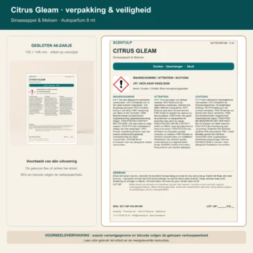 06-scentulp-citrus-gleam-autoparfum-verpakking-veiligheid Scentulp Citrus Gleam Autoparfum 8 ml in A6 retailverpakking met veiligheidsinformatie