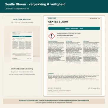 06-scentulp-gentle-bloom-autoparfum-verpakking-veiligheid Scentulp Gentle Bloom Autoparfum 8 ml in A6 retailverpakking met veiligheidsinformatie