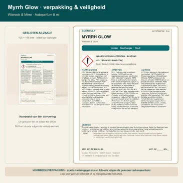 06-scentulp-myrrh-glow-autoparfum-verpakking-veiligheid Scentulp Myrrh Glow Autoparfum 8 ml in A6 retailverpakking met veiligheidsinformatie