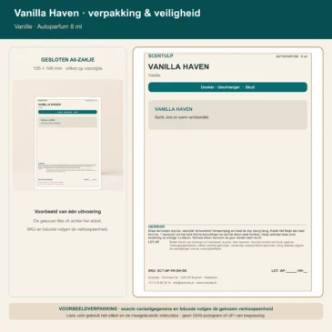 06-scentulp-vanilla-haven-autoparfum-verpakking-veiligheid Scentulp Vanilla Haven Autoparfum 8 ml in A6 retailverpakking met veiligheidsinformatie