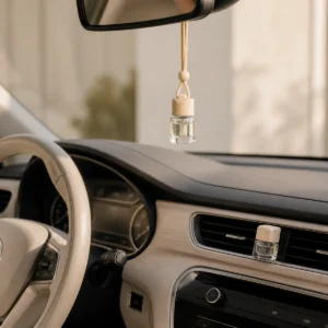 Hangend autoparfum en ventilatieclip in een lichte auto