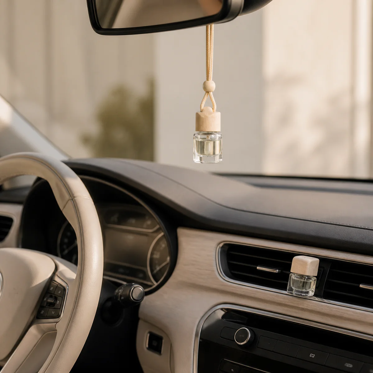 Hangend autoparfum en ventilatieclip in een lichte auto