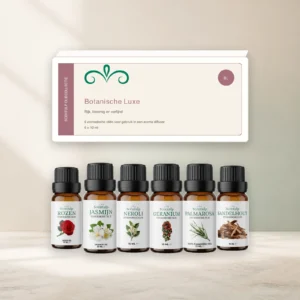 botanische-luxe-oliecollectie-6x10ml-01-hero Botanische Luxe oliecollectie met doos en zes Scentulp etherische oliën van 10 ml.