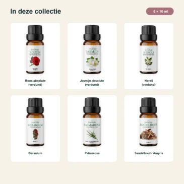 botanische-luxe-oliecollectie-6x10ml-03-inhoud Inhoud van Botanische Luxe met Roos absolute, Jasmijn absolute, Neroli, Geranium, Palmarosa en Sandelhout Amyris.