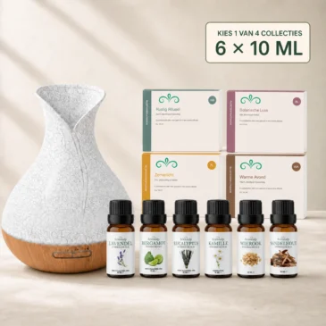 palma-aroma-diffuser-set-6-etherische-olien-01-hero-v3 Palma aroma diffuser set met vier oliecollecties en zes zichtbare flesjes etherische olie van 10 ml