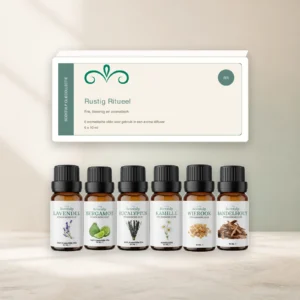 Rustig Ritueel oliecollectie met doos en zes Scentulp etherische oliën van 10 ml.