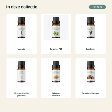rustig-ritueel-oliecollectie-6x10ml-03-inhoud-v2 Inhoud van Rustig Ritueel met Lavendel, Bergamot FCF, Eucalyptus, Roomse Kamille, Wierook en Sandelhout / Amyris.