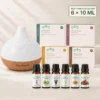 santorini-aroma-diffuser-set-6-etherische-olien-01-hero-v3 Santorini aroma diffuser set met vier oliecollecties en zes zichtbare flesjes etherische olie van 10 ml