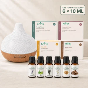 santorini-aroma-diffuser-set-6-etherische-olien-01-hero-v3 Santorini aroma diffuser set met vier oliecollecties en zes zichtbare flesjes etherische olie van 10 ml