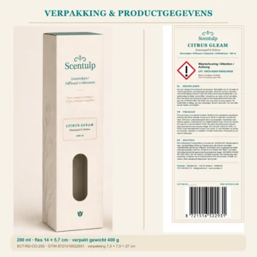 scentulp-citrus-gleam-200ml-packaging-scale11 Scentulp Citrus Gleam geurstokjes – Sinaasappel & Meloen – 200 ml
