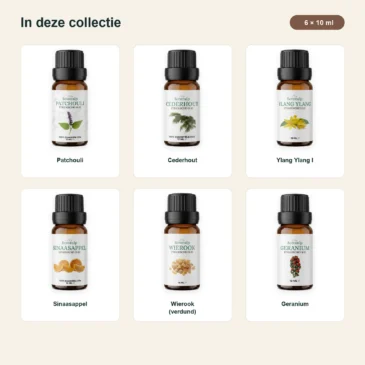 warme-avond-oliecollectie-6x10ml-03-inhoud-v2 Inhoud van Warme Avond met Patchouli, Cederhout, Ylang Ylang I, Sinaasappel, Wierook en Geranium.