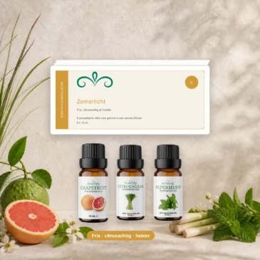 zomerlicht-oliecollectie-6x10ml-04-geurprofiel-v2 Zomerlicht oliecollectie in een botanische setting met een fris, citrusachtig en helder geurprofiel.