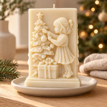 Kerstverhaal van Scentulp: ivoorkleurige reliëfkaars met een meisje en kerstboom in een sfeervol winterinterieur.