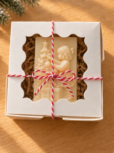 scentulp-kerstverhaal-04-geschenkdoos Kerstverhaal van Scentulp: ivoorkleurige reliรซfkaars met een meisje en kerstboom in een geschenkdoos.