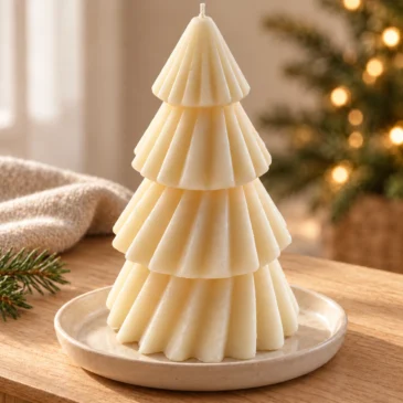 Winterbos van Scentulp: ivoorkleurige kerstboomkaars met gedraaide lagen in een sfeervol winterinterieur.