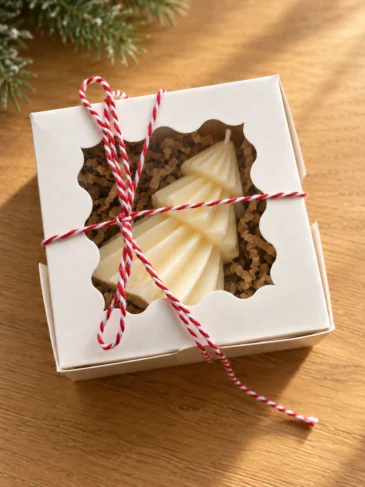 scentulp-winterbos-04-geschenkdoos Winterbos van Scentulp: ivoorkleurige kerstboomkaars met gedraaide lagen in een geschenkdoos.