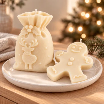 Wintervrienden van Scentulp: ivoorkleurige rendierzakkaars en peperkoekfiguur in een sfeervol winterinterieur.
